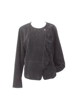 Isaac Mizrahi Live Jacket Sz 16 Black Pockets Ruffles Suede Poly Jacket